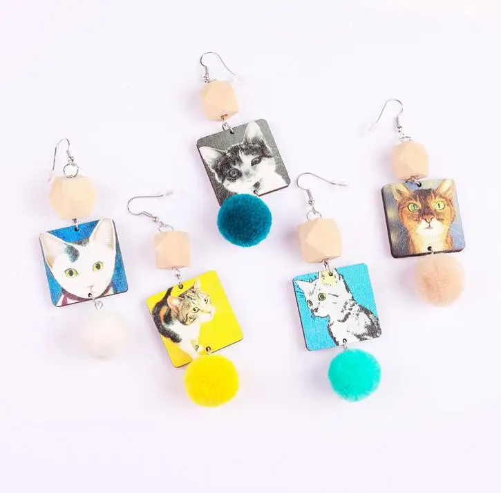 Lovely Harajuku Funny Wood Drop Earrings Little Cat Fuzzy Ball Dangle for Women Girl Fashion Printed | Украшения и аксессуары
