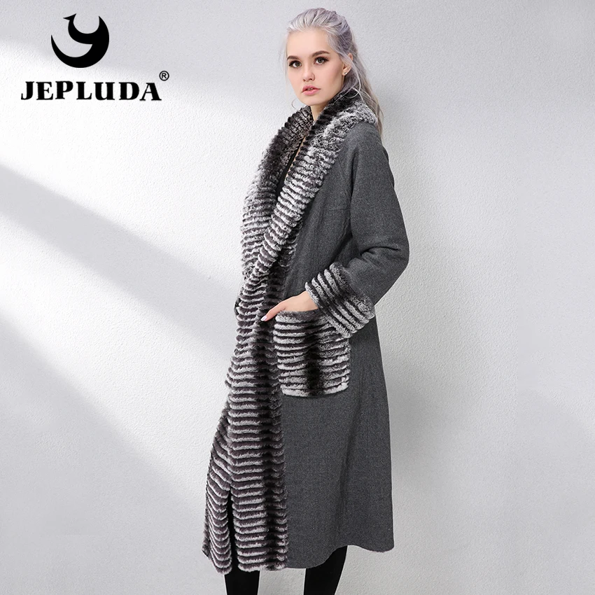 JEPLUDA Fashion Double sided Natural Real Rex Rabbit Fur Coat Wool Blends Genuine Leather Jacket Women New Women|real fur jacket|real jacket womenrex