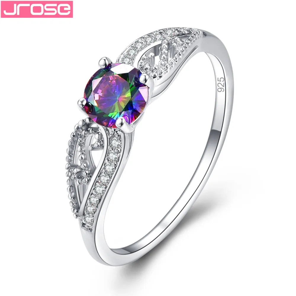 

JROSE Wedding Pretty Round Cut Blue Rainbow White Cubic Zirconia Fashion Silver Jewelry Ring Size 6 7 8 9 Men's Gifts