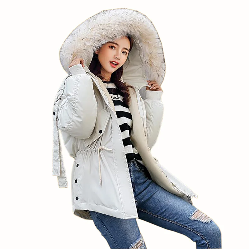 Модные зимние женские парки с капюшоном и большим меховым воротником новинка 2018
