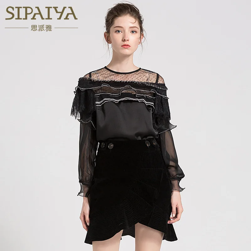 

New 2019 round collar stitching joker wave point lanterns organza long-sleeved shirt sleeve cultivate morality