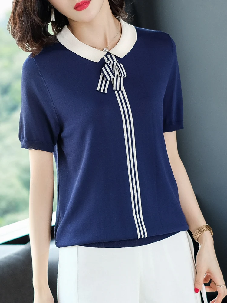

New fashionable summer jacket bow Lapel loose striped ice silk knitted short sleeve T-shirt in 2021