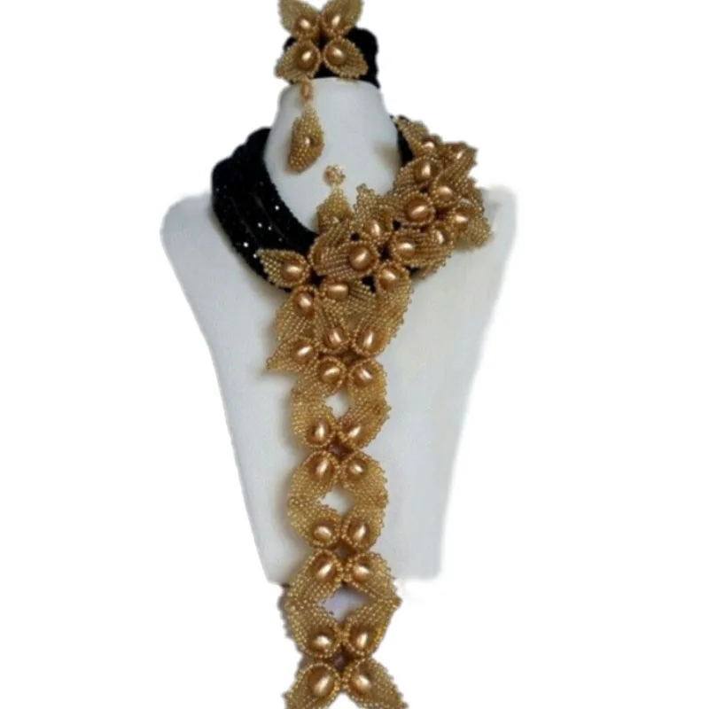 

Dudo Black and Gold Jewelry Set Crystal beaded Flowers Nigeria Neckalce Women Set Bracelet +Earrings +Necklace Celebrity Jewelry