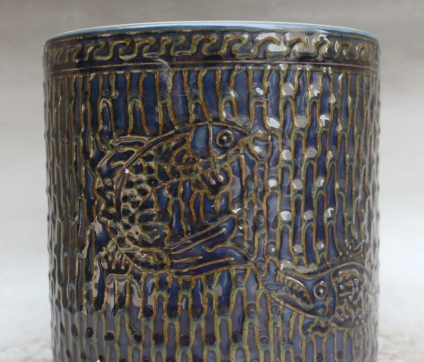 9 &quotКитай Дворец синий фарфор животных рыбы Барракуда круглая щетка горшок