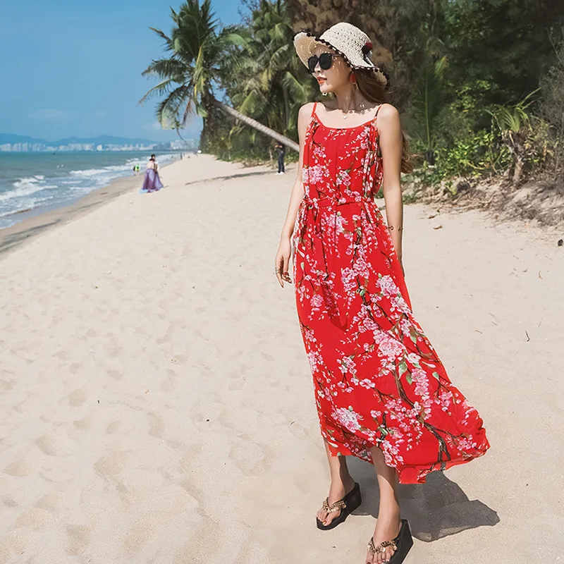 BOHO женские летние платья Пляжные шифон Красный Цветочный принт для пикантные