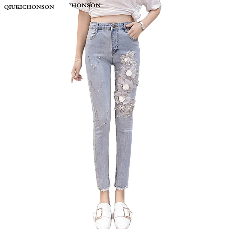 

2018 solid wash skinny jeans woman high waisted vintage beading 3D embroidery slim stretch pencil denim pants ladies trousers