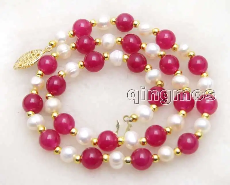 

SALE 6-7mm White Natural freshwater Pearl & 8mm Round Rose pink beads 17'' Necklace -nec6049 wholesale/retail Free ship