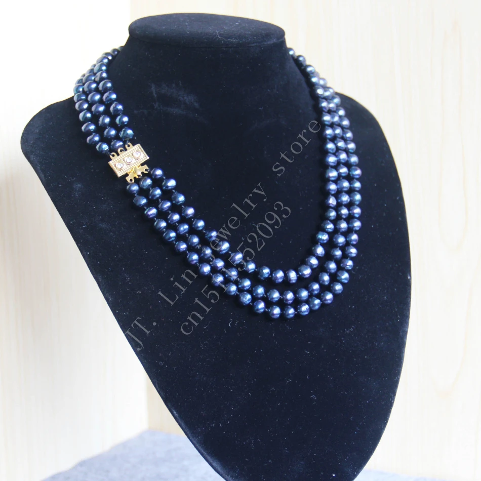

New 3 Rows 7-8mm Fresh water Black Pearl Necklace,Fashion charming women jewelry wholesale