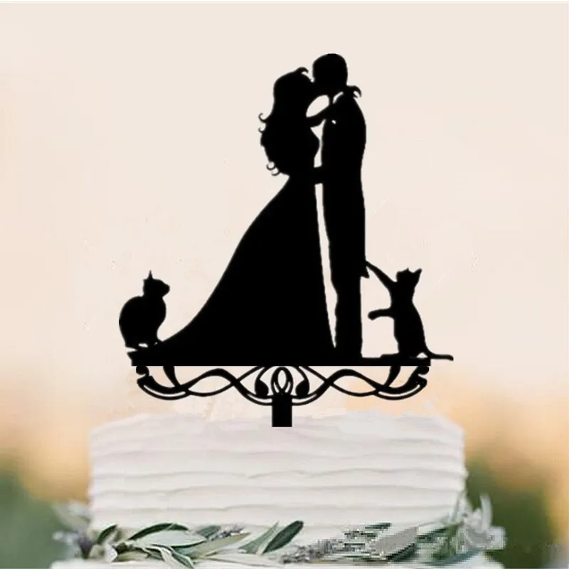 Black Acrylic Kissing Bride and Groom Cake Topper Mr & Mrs with 2 cats cake for Wedding Birthday Party Decoration | Дом и сад