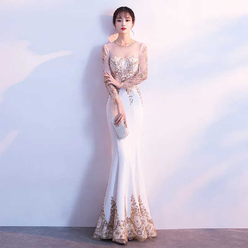 

Пикантное облегающее вечернее платье с О-образным вырезом и бисером, улучшенное платье-Ципао в китайском стиле, вечернее платье, размеры