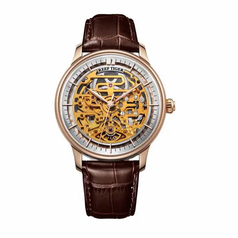 Reef Tiger/RT, дизайн, часы со скелетом для мужчин, розовое золото, натуральная кожа, ремешок, автоматические ультра тонкие часы,, новинка, RGA1975 - Цвет: RGA1975PWS