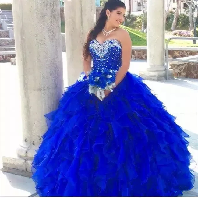

Royal Blue Strapleless Quinceanera Dresses Crystal Ruffle Ball Gown Sweetheart Bead Organza Corset Sweet 16 Party Dresse