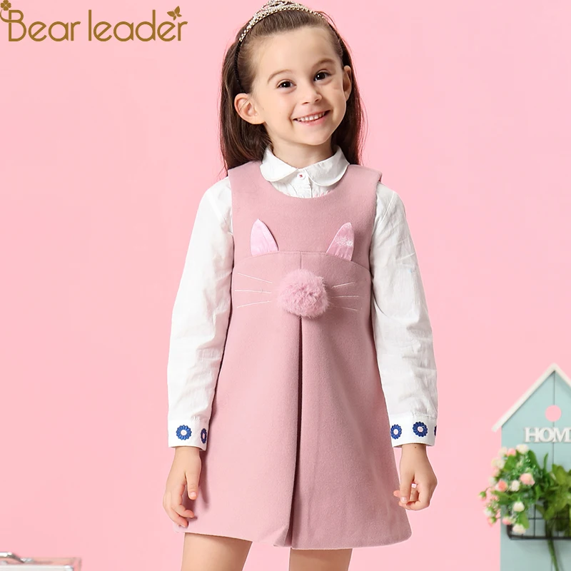 Bear leader/платье для девочек; Новинка года; сезон осень; Повседневный стиль; однотонное ТРАПЕЦИЕВИДНОЕ платье без рукавов с заячьими ушками и меховыми бальными аксессуарами; детское платье