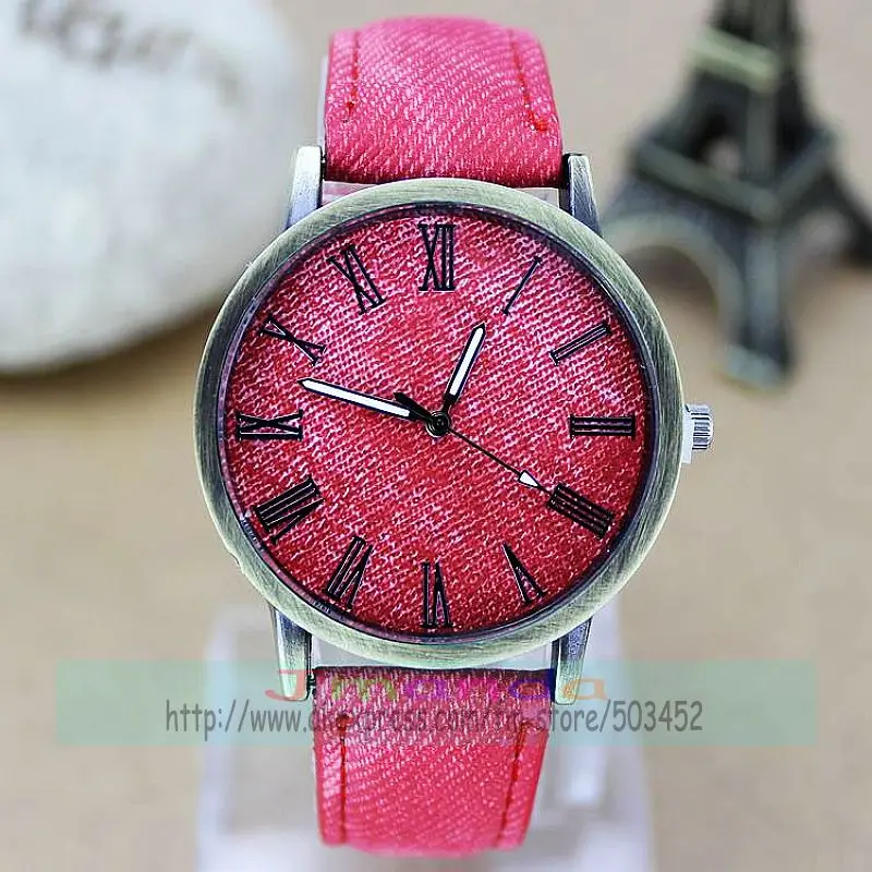 hot pink 100 шт/лот Ретро стиль повседневные джинсовые кожаные часы римский стиль обертывание кварцевые повседневные часы на запястье оптом часы для унисекс - Цвет: hot pink