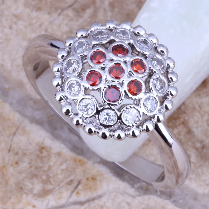 Благородный красный гранат Белый CZ посеребренное модное кольцо Размер 6 / 7 8 9 E178 |