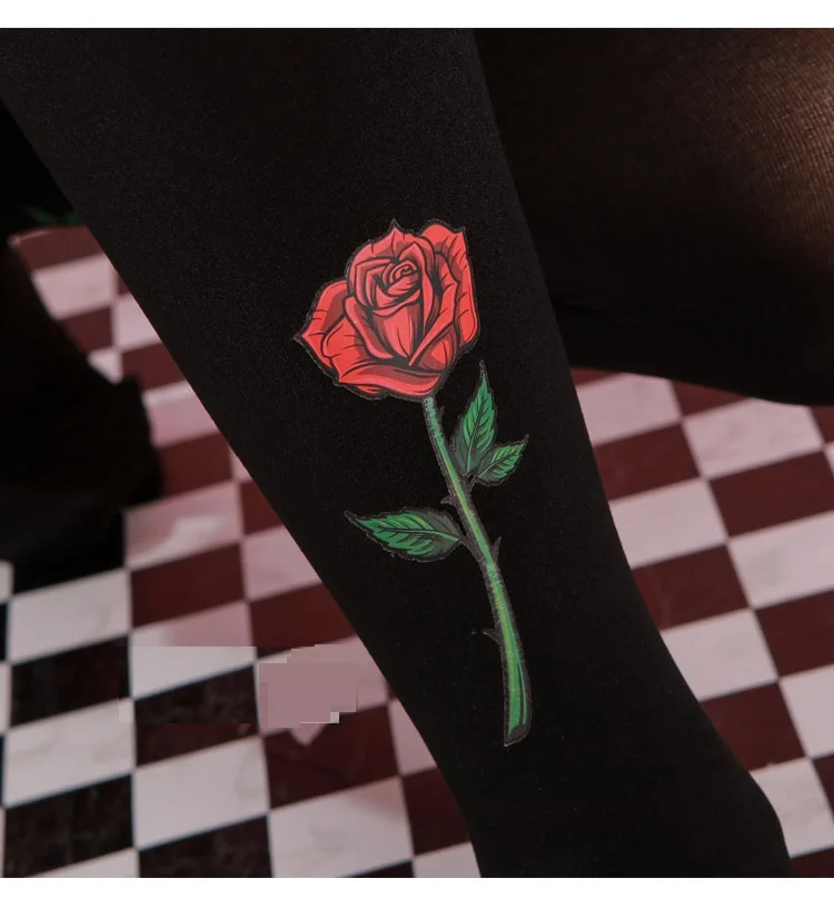 Rose Harajuku Tattoo Print Pantyhose Vintage Black Autumn | Женская одежда