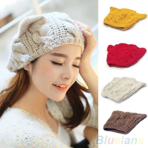 Горячая Женская зимняя вязаная крючком плетеная шапка с кошачьими ушками Берет