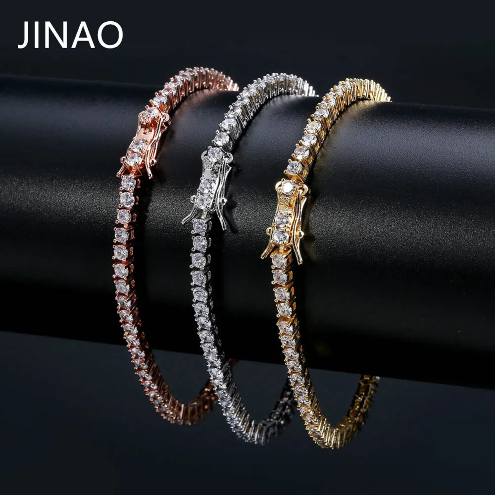 JINAO, 3 мм, 5 мм, 1 ряд, золото, серебро, браслет, Micro Pave, AAA, кубический цирконий, все, льдом, из коробки, цепочка, Bling CZ, камни, браслет для мужчин, подарки