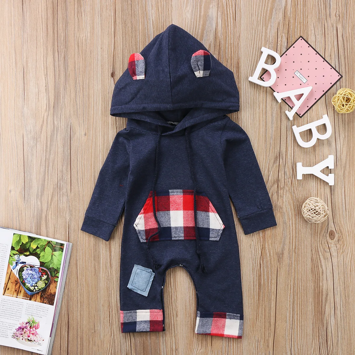Kids Baby Boy Plaid Romper Warm Grid Jumpsuit Long Sleeves Hooded Cotton Clothes Sweater Boys Outfits |