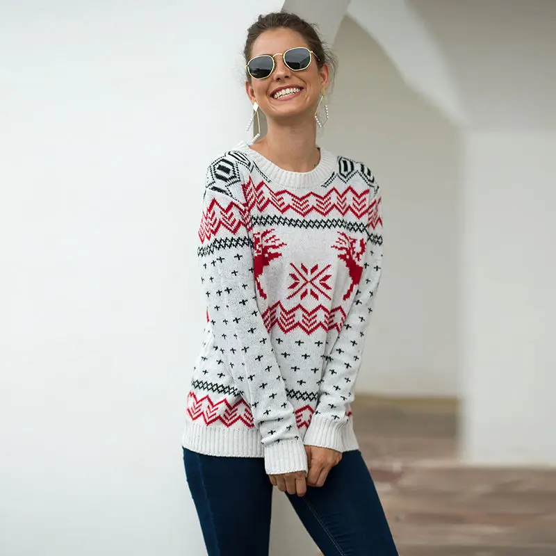 Winter Women Christmas Sweater O-Neck Animal Deer And Snow Printing Knitting Long Sleeve Casual Pullover Lady Sweaters | Женская одежда