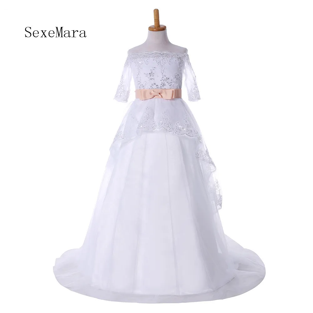 Real Picture White Ivory Lace Flower Girls Dresses With Belt First Communion Dress Princess Girl | Детская одежда и обувь
