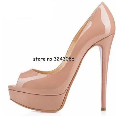 Classical Peep Toe Patent Leather Nude Color Platform Shoes Woman 14cm Heel Thin Heel Ladies Dress Shoes Sexy Stiletto High Heel