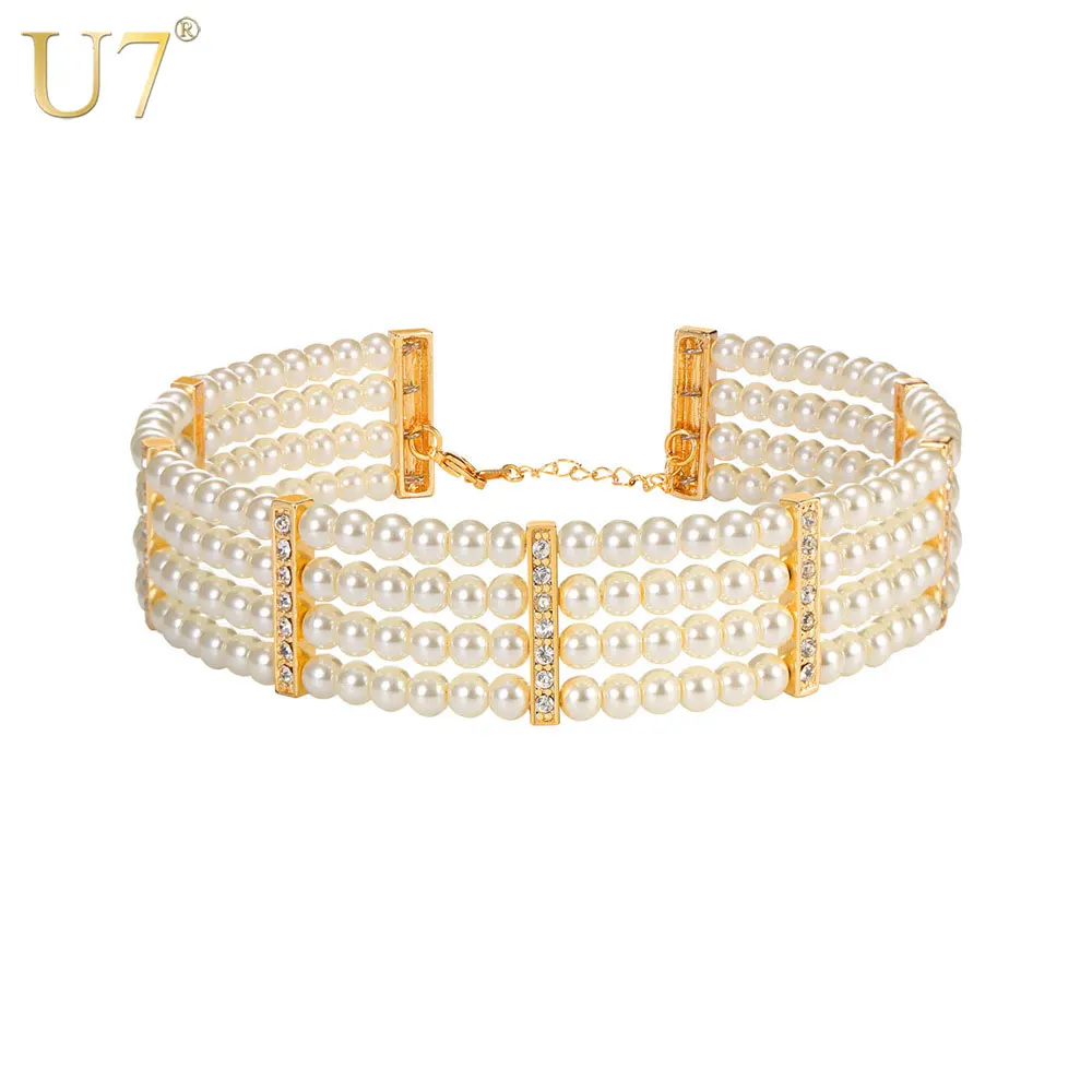 

U7 Simulated Pearl Choker Necklace Women Wedding Jewelry Gift Rhinestone Beads Necklaces N1090