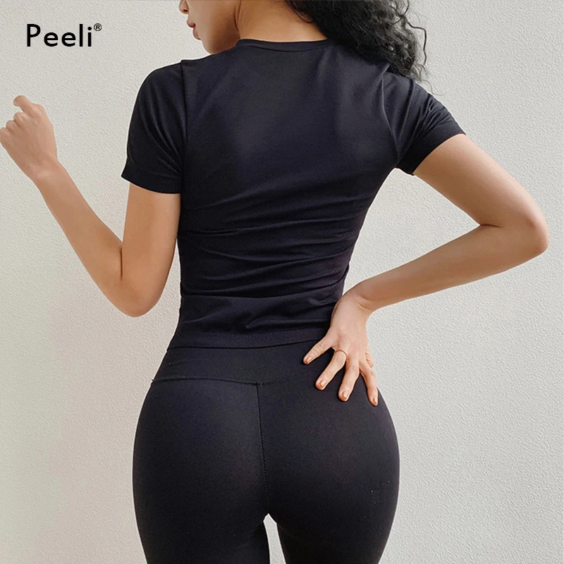 Peeli, Женский Топ для йоги, бесшовные спортивные футболки, одежда для фитнеса, короткий рукав, футболка для йоги, для спортзала, топ для бега, одежда для активного отдыха, спортивный топ, Femme