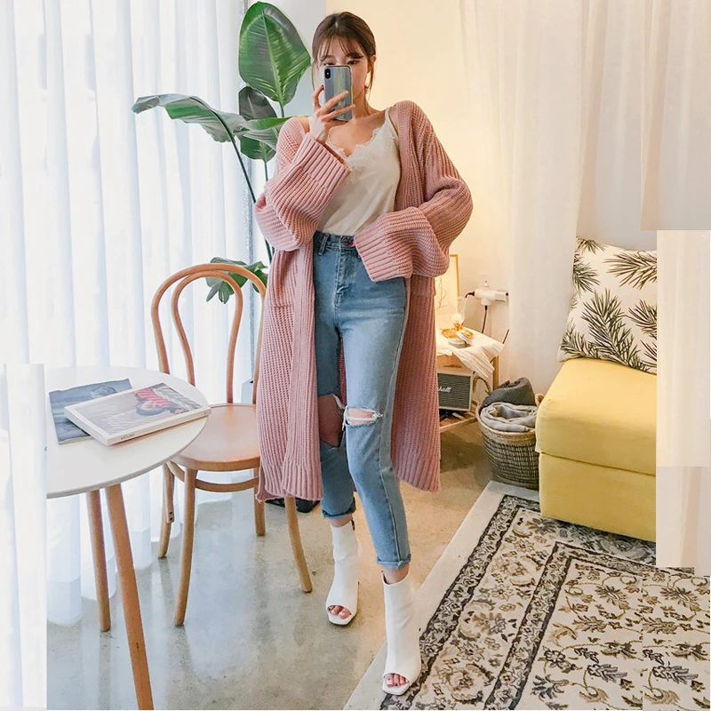 Casual Knitted Long Cardigans V-neck Side Split Women Open Stitch Thick Sweater Fashion Loose Knitwear 2018 Autumn Winter |