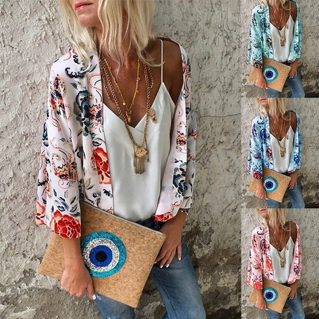 Женский короткий кардиган Свободный Летний с цветочным принтом Расклешенным