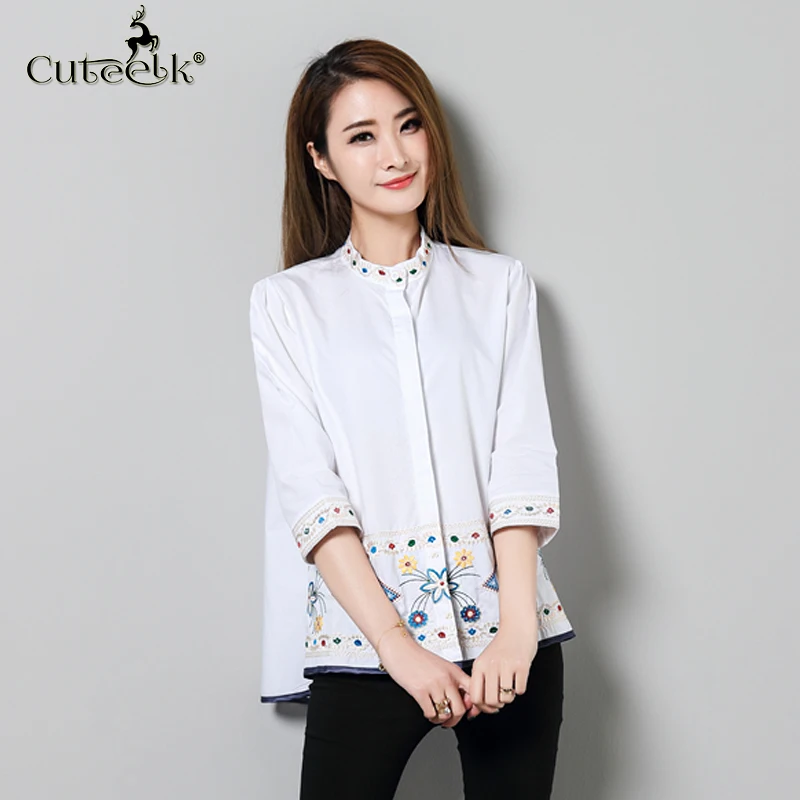 2017 blusas Винтаж Рубашки домашние муж. Для женщин короткий рукав цветок Вышивка