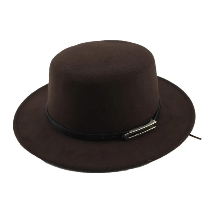 

oZyc Wool Boater Flat Top Hat For Men's Felt Wide Brim Fedora Hat Gentleman Prok Pie Chapeu de Feltro Bowler Gambler Top Hat