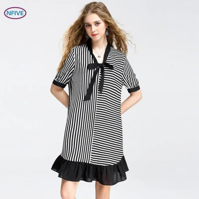 Женское шифоновое платье с V-образным вырезом в полоску | Женская одежда