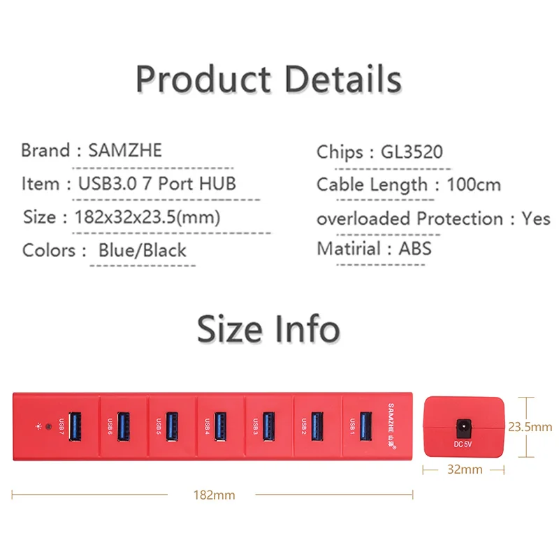 SAMZHE Super Speed Portable 7 Ports USB 3.0 HUB 5V 2A Charging for Laptop/Ultrabook/PC/Notebook/Desktop with Power Supply |