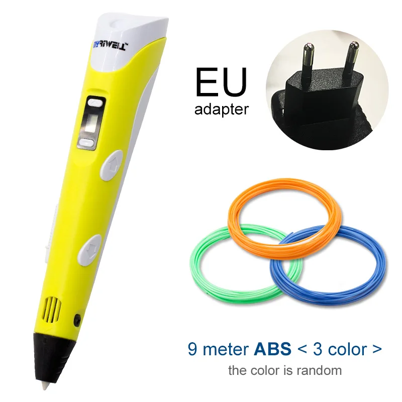 Myriwell, 3D ручка, светодиодный экран, сделай сам, 3D Ручка для печати, 100 м, ABS нити, креативная игрушка, подарок для детей, дизайнерский рисунок - Цвет: Yellow EU