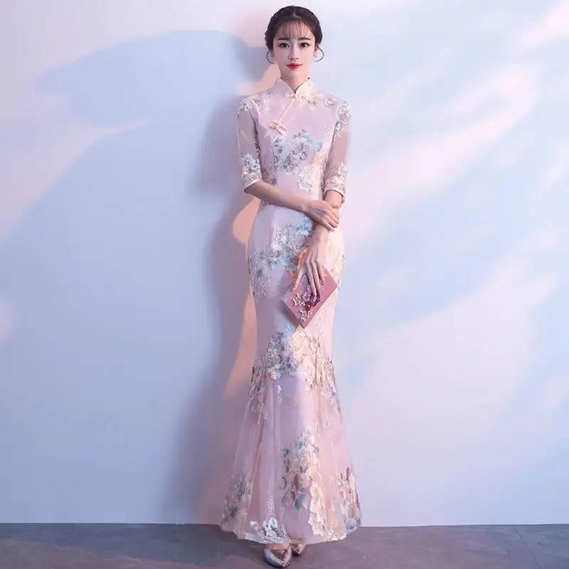 Китайское свадебное вечернее платье Cheongsam для невесты, женское Красное длинное платье русалки, Qipao, большой размер 3XL, сексуальное тонкое платье, кружевное платье, Vestidos - Цвет: Style 2