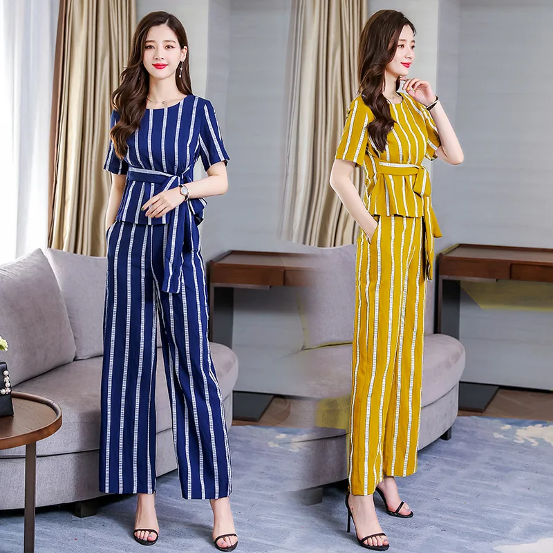 2019 Women Clothing Set Spring Summer Suit Striped Casual Shirt And Pant Womens Tracksuits 2 Piece With Sashes H412 | Женская одежда