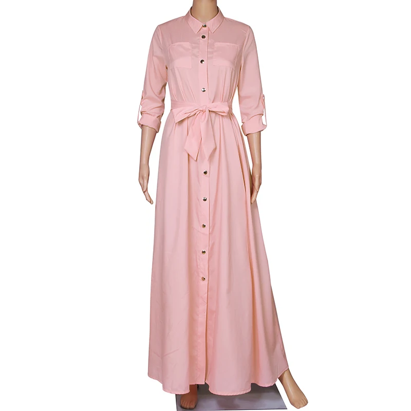 

Women Elegant Long Shirt Dress Fashion Long sleeves Ladies Turn Down Collar Bandage Maxi Dress Floor Length Vestidos Party