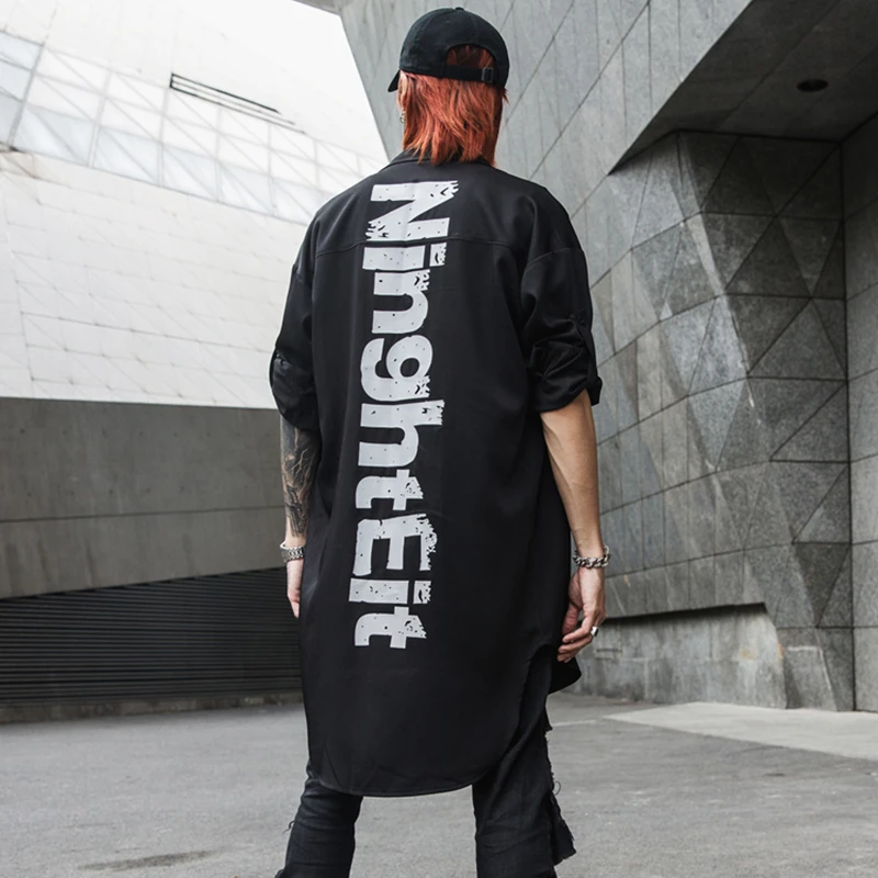 Мужская Тонкая рубашка в стиле панк темно-синяя с длинным рукавом и принтом букв