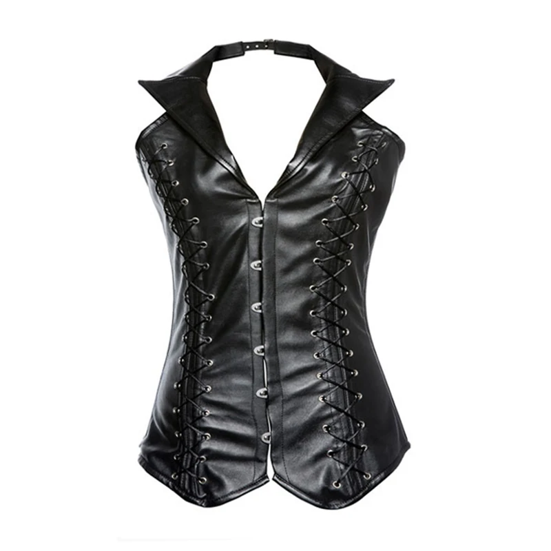 Женский ретро-корсет в стиле стимпанк из искусственной кожи с воротником |
