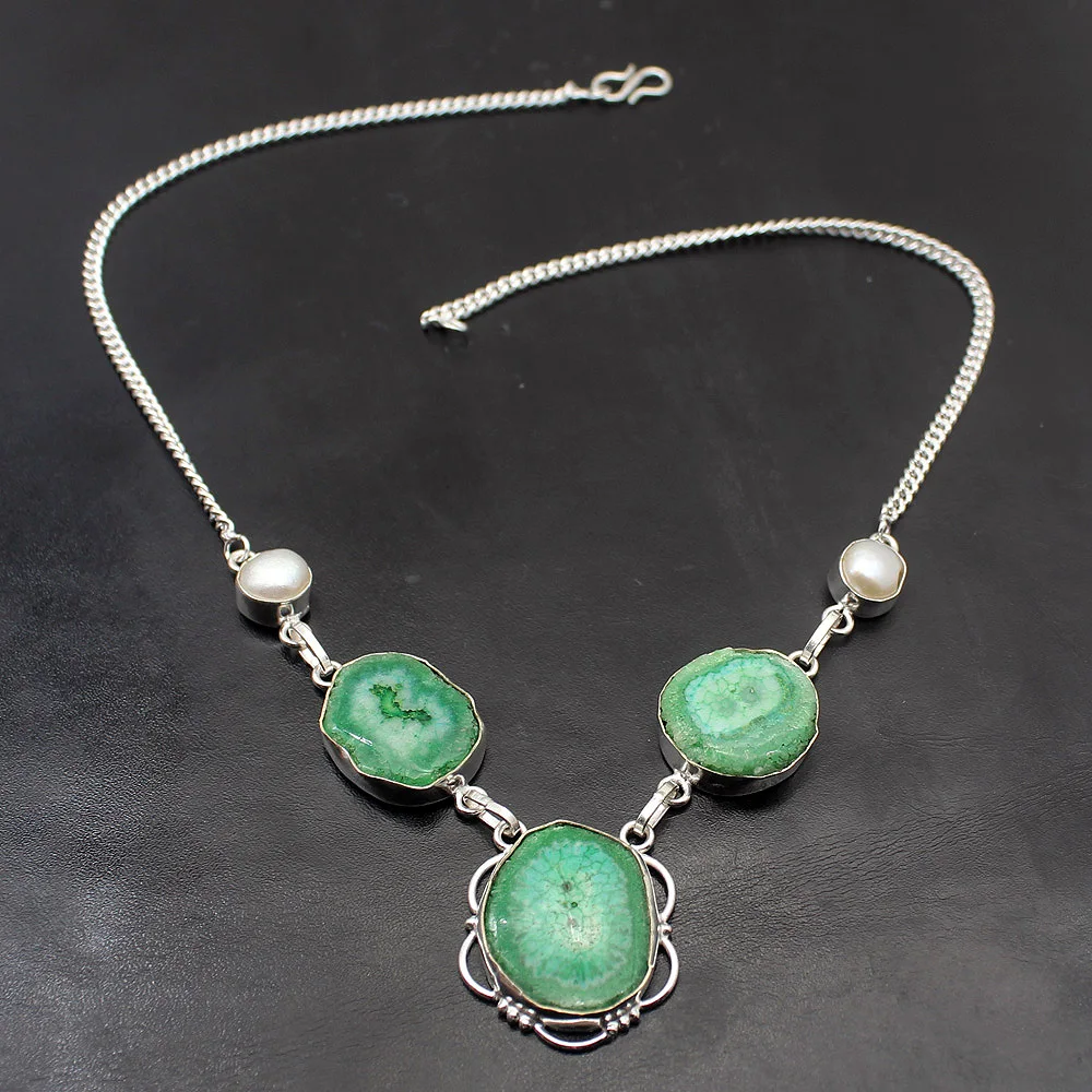 

Elegant Natural Green Solar Quartz 925 Sterling Silver Color Pendant Necklace Women Jewelry 18 Inch TF845