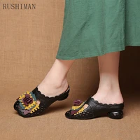 rushiman summer flower slippers genuine leather shoes handmade slides asakuchi for women women slippers