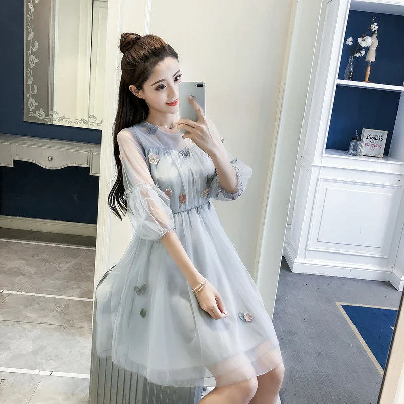 2018 летнее Новое Женское платье с О-образным вырезом и цветочной аппликацией