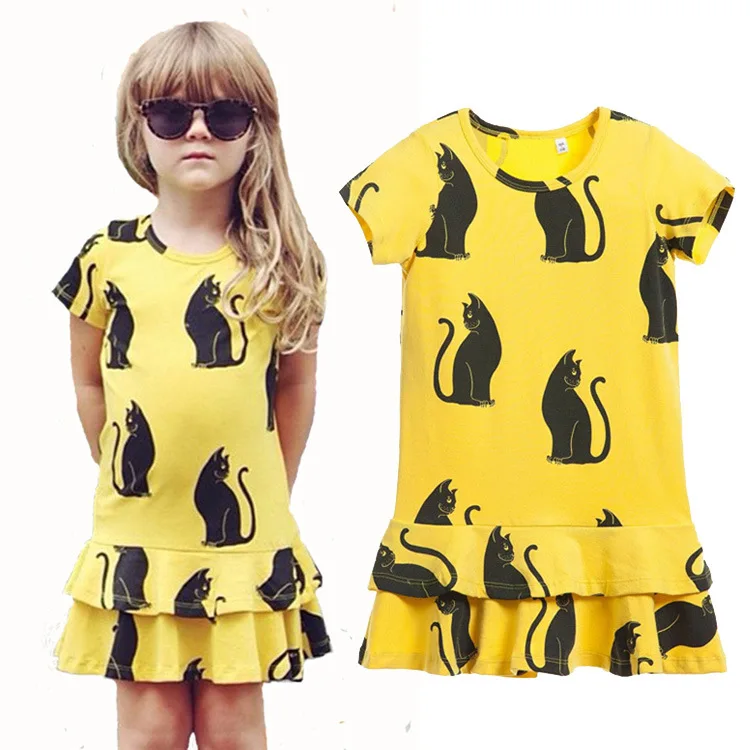 Summer Baby Girls Dress Cotton Blended Kids Mini Cat Printing Short Sleeve Infant Cute Clothing 2-8Y Yellow | Детская одежда и
