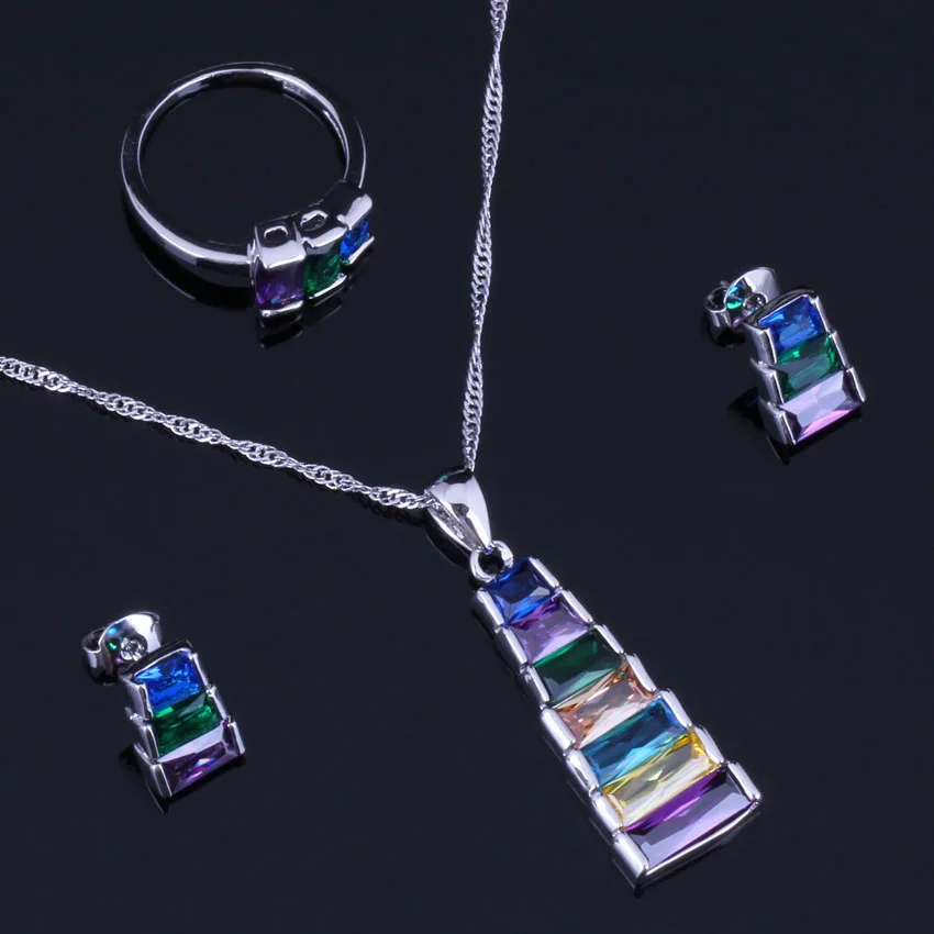 Trapezoid Multigem разноцветный Кубический Цирконий 925 стерлингового серебра ювелирные