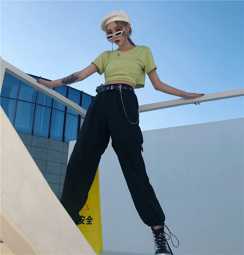 Новая Корейская уличная женская одежда Harajuku Ulzzang с буквенным принтом на молнии, свободные брюки-карго с высокой талией