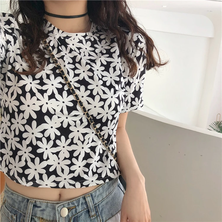 Moda feminina повседневная Летняя женская одежда с цветочным рисунком футболки милые