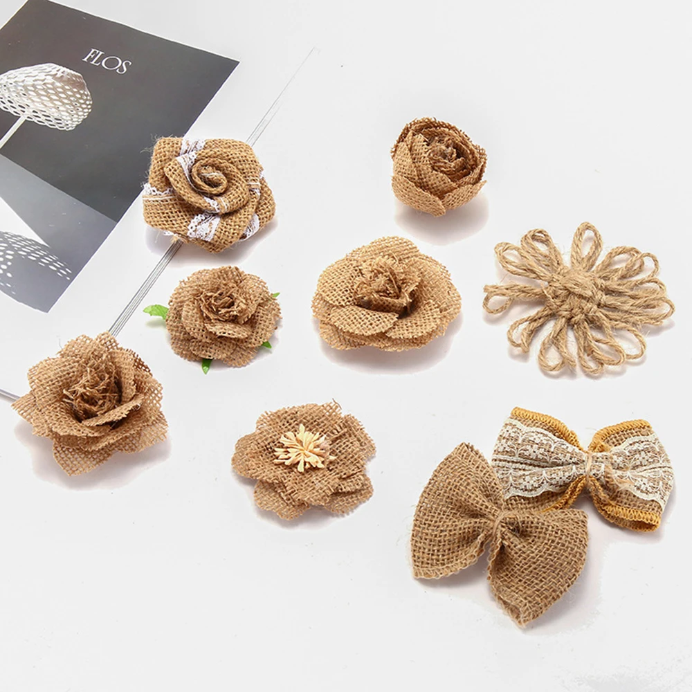 Wedding Party Decoration Craft Delicate Vintage Hessian Jute Hat Rose Beauty Flower 9 pcs Burlap DIY |