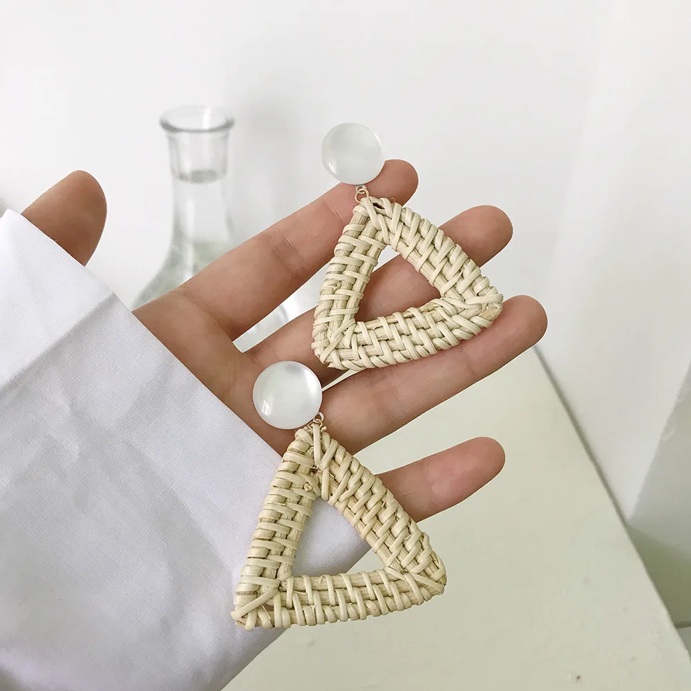 Korean Earrings Straw Rattan Geometric Triangle Exaggerated 2019 Opal Boho Summer Ear Rings Fashion for Women | Украшения и