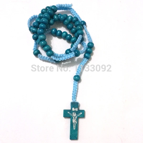 12 шт./лот синяя деревянная бусина четки Цепочки и ожерелья Иисус Распятие Крест